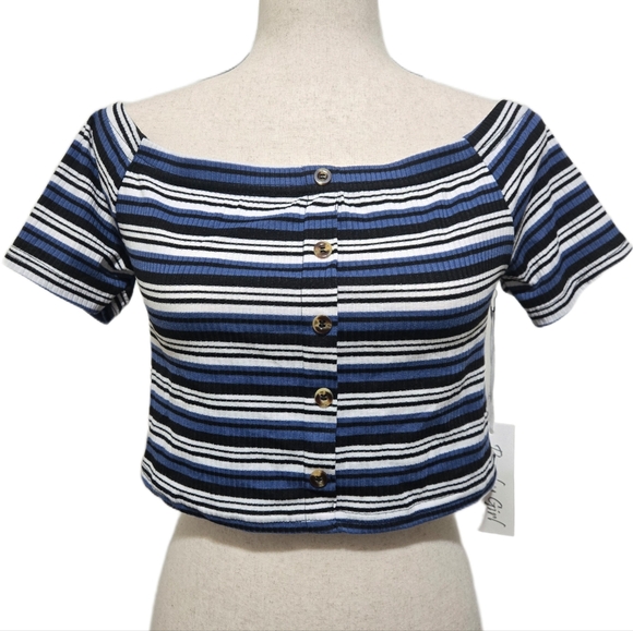 Peachy Girl Tops - Peachy Girl Striped Ribbed Crop Top Size Large Blue White Black NWT Large